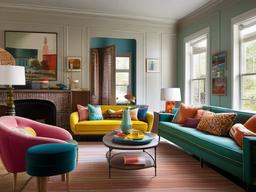 Retro living room features colorful sofas, playful patterns, and vintage-inspired furniture, bringing a fun and nostalgic vibe to the space.  