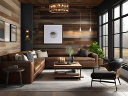 Modern Rustic living room blends contemporary aesthetics with rustic charm, featuring reclaimed wood walls, sleek industrial lighting, and plush seating for a cozy, stylish retreat.  