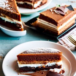 a slice of classic tiramisu, layers of coffee-soaked ladyfingers and mascarpone cheese. 