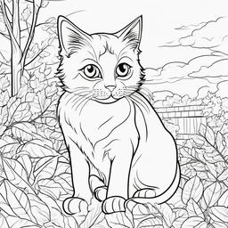 Cat outside fall coloring page for kids
