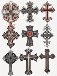 Cross tattoo designs: Varied crosses with intricate details, each holding unique symbolic meaning.  color tattoo style, minimalist, white background