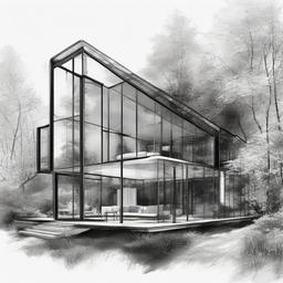 drawing of a glass house  minimal rough sketch scribbles,doodles,black and white