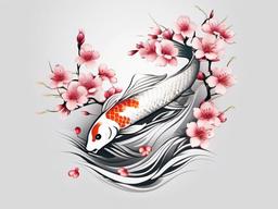 Cherry Blossom and Koi Tattoo - A symbolic blend of cherry blossoms and koi fish, representing transformation and beauty.  simple color tattoo,white background,minimal