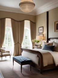 traditional bedroom with elegant drapes and classic wooden furniture. 