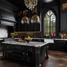 Gothic Victorian Opulence - Add a touch of gothic and Victorian opulence to your kitchen. , kitchen layout design ideas, multicoloured, photo realistic, hyper detail, high resolution,