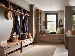 Organic Modern mudroom highlights natural materials, soothing colors, and simple designs for a calming environment that welcomes everyone home.  