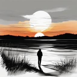 drawing of a sunset with silhouettes  minimal rough sketch scribbles,doodles,black and white