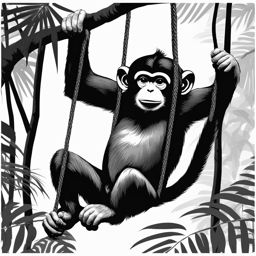 monkey clipart black and white in a lush jungle - swinging through the trees. 