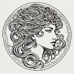 Medusa Fake Tattoo - Express your fascination with Greek mythology by donning a fake Medusa tattoo for a temporary and bold statement.  simple vector color tattoo,minimal,white background