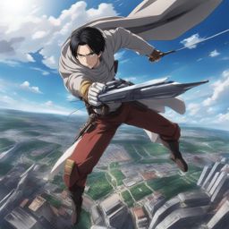 levi ackerman,engaging in aerial combat with his omni-directional mobility gear,a colossal titan battlefield anime, anime key visual, japanese manga, pixiv, zerochan, anime art, fantia