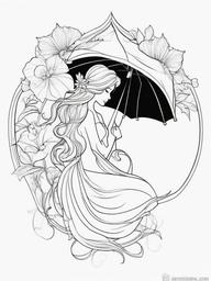 Fairy Holding a Flower Umbrella Coloring Pages - Fairy Shielded by a Flower Petal Umbrella  minimal black outline printable sheet, coloring page