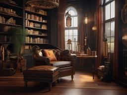 In the reading nook, steampunk interior design highlights a cozy armchair, warm textiles, and whimsical decor that create a perfect space for enjoying books and reflection.  