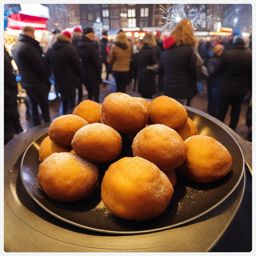 oliebollen, dutch fried doughnuts, indulged at a festive new year's eve fair in amsterdam. 