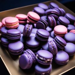 blueberry and lavender macarons, delicate french pastries, savored at an art gallery opening. 