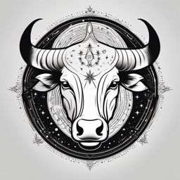 Bull with celestial elements tattoo. Cosmic strength in ink.  minimalist black white tattoo style