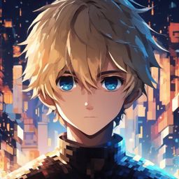 Front facing face, boy with blonde hair, big eyes in a pixelated dreamscape.  close shot of face, face front facing, profile picture pfp, anime style