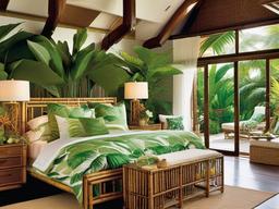 Tropical bedroom with bamboo furniture, palm leaf prints, and lush greenery creates a breezy, island-inspired retreat.  