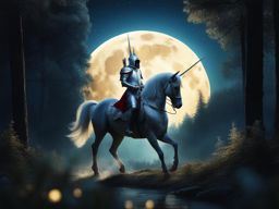 gallant knight in shining armor riding a majestic unicorn through a moonlit glade. 