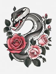 Snake in Roses Tattoo - Tattoo featuring a snake amidst roses.  simple vector tattoo,minimalist,white background