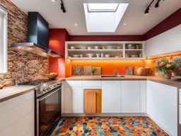 vibrant and artsy kitchen with colorful mosaic tiles and eclectic decor. 