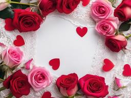 Valentines Day background - Pink and red roses scattered across a white lace tablecloth  aesthetic background wallpaper