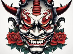 Hannya Mask Tattoo-Traditional Japanese tattoo featuring the Hannya mask, capturing the essence of Japanese artistry.  simple color tattoo,white background