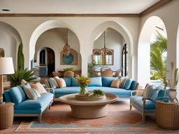 Mediterranean living room combines arched doorways, whitewashed walls, and vibrant tile accents for a relaxed coastal atmosphere.  