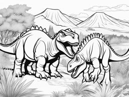 dinosaur coloring pages - a group of friendly dinosaurs roam a prehistoric landscape. 