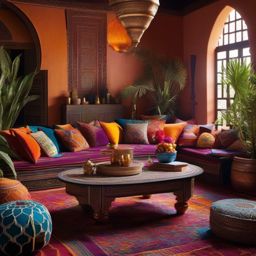 Mystical Moroccan Retreat - Transport your living room to the enchanting world of Morocco. , living room decor ideas, multicoloured, photo realistic, hyper detail, high resolution,