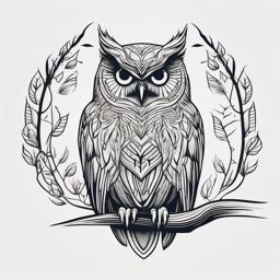 Owl Tattoo - Wise owl perched on a branch, a tribute to knowledge and intuition  few color tattoo design, simple line art, design clean white background