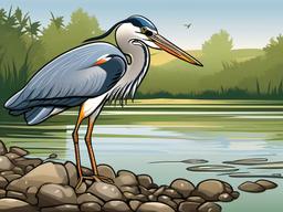 Heron Cartoon - Cartoon of heron fishing in shallow water  