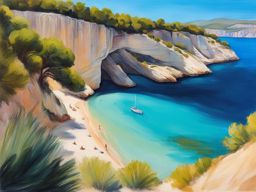 untouched calanques of cassis - sketch the untouched beauty of the calanques of cassis, featuring limestone cliffs, turquoise inlets, and coastal flora. 