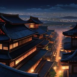 Ancient Japan rooftops at night. anime, wallpaper, background, anime key visual, japanese manga