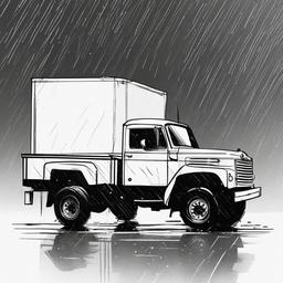 drawing of a truck in the rain  minimal rough sketch scribbles,doodles,black and white