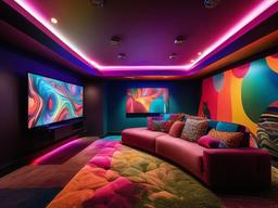 A media room designed with psychedelic interior design features vibrant seating, colorful wall art, and dynamic lighting that enhance the cinematic experience in a lively setting.  