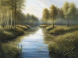 spree forest waterways - sketch the labyrinthine waterways of the spree forest, capturing the beauty of reeds and secluded islands. 