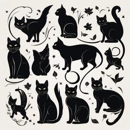 Black Cat Tattoo Design - Tattoo design featuring a black cat in various styles.  minimal color tattoo, white background