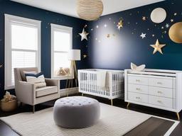 The nursery features cosmic chic interior design with soothing colors, celestial-themed decor, and comfortable furnishings that create a tranquil space for the baby.  