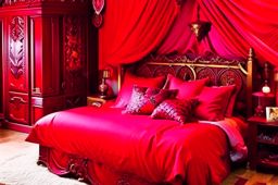 dragon's lair bedroom with dragon scale bedding and fiery red accents. 