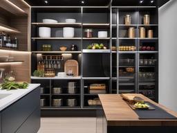 The pantry showcases futuristic interior design with organized shelving, smart storage solutions, and an efficient layout that makes food storage both practical and stylish.  