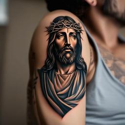 3D Jesus Tattoo-Realistic and three-dimensional tattoo featuring a depiction of Jesus, capturing themes of faith and spirituality.  simple color vector tattoo