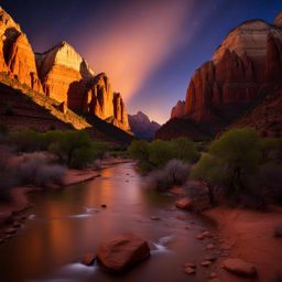 zion national park - illustrate the mystical night scene of zion national park, with its towering red rock canyons and the virgin river winding through. 