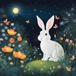 illustrate a whimsical night garden where fireflies and rabbits frolic among the flowers. 