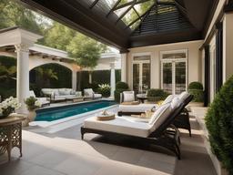 The pool area embraces Regency interior design with elegant loungers, sophisticated decor, and lush landscaping that creates an inviting space for summer enjoyment.  