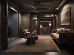 The hallway showcases Post-Apocalyptic interior design through a mix of textures, muted colors, and unique decor, creating a dynamic and visually interesting passage.  