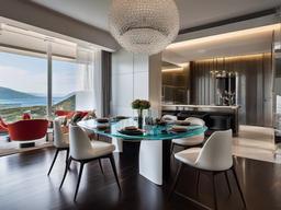 The dining room embodies futuristic interior design with a glass table, innovative seating, and smart home technology that enhances the dining experience with convenience and style.  