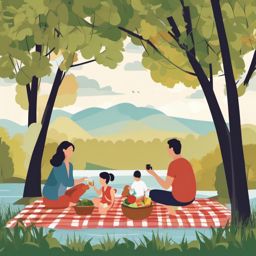 Lakeside Picnic clipart - A family enjoying a picnic by the lake's edge., ,vector color clipart,minimal