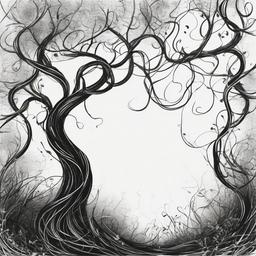 drawing of a vine in a mystical forest  minimal rough sketch scribbles,doodles,black and white