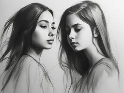 pencil sketch of two sisters  minimal rough sketch scribbles,doodles,black and white