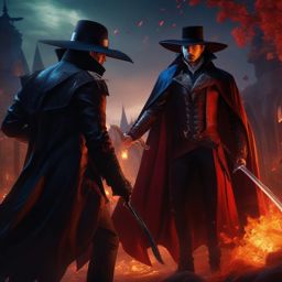Vampire forms unlikely alliance with vampire hunter to combat common enemy. hyperrealistic, intricately detailed, color depth,splash art, concept art, mid shot, sharp focus, dramatic, 2/3 face angle, side light, colorful background